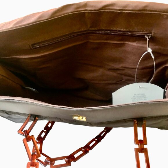 Vintage Brown Quilted Nylon Shoulder Handbag Plastic Chain Handles New - Picture 8 of 13